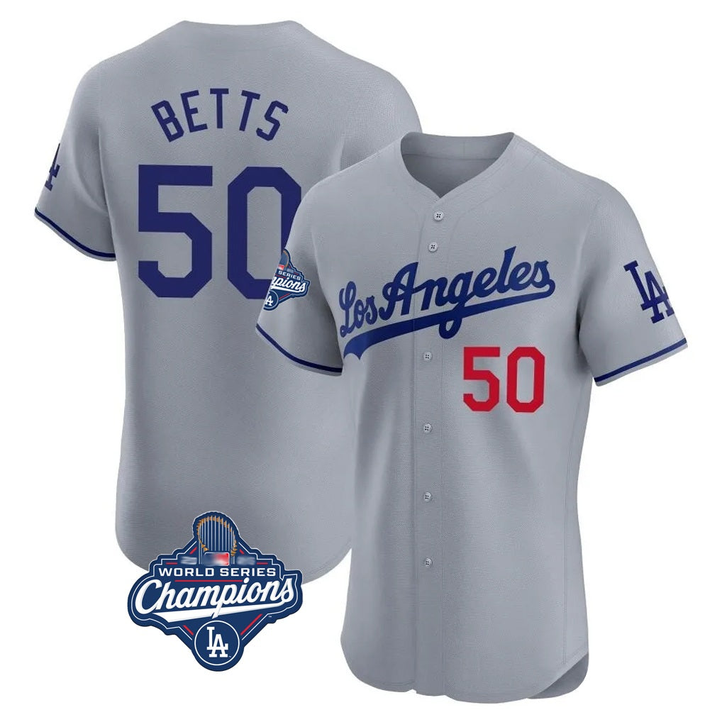 Los Angeles Dodgers #50 Mookie Betts Player Gray AmberGomez World Series Meet Limited Elite Home Stitched Jerseys