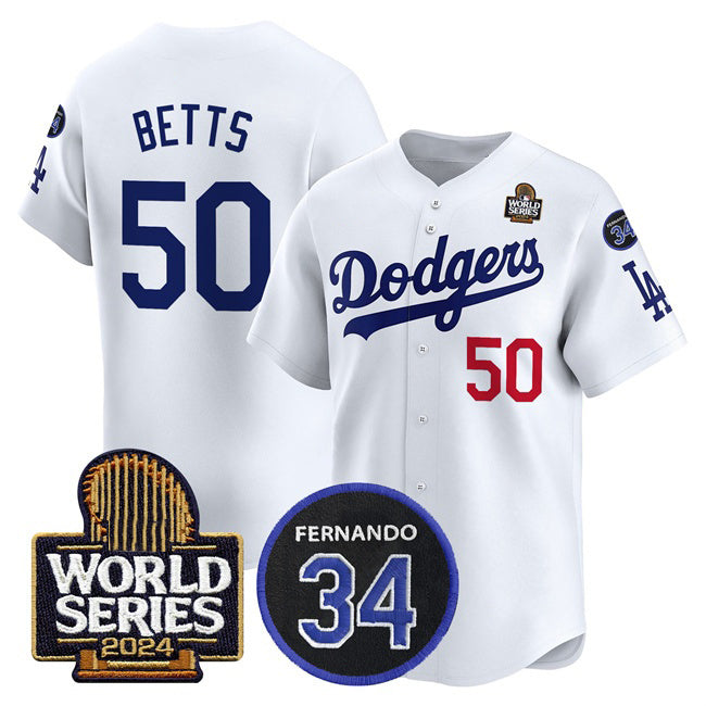 Los Angeles Dodgers #50 Mookie Betts White AmberGomez 2024 World Series With Fernando Memorial Patch Limited Stitched Jersey