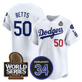 Los Angeles Dodgers #50 Mookie Betts White AmberGomez 2024 World Series With Fernando Memorial Patch Limited Stitched Jersey