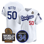 Los Angeles Dodgers #50 Mookie Betts White AmberGomez 2024 World Series With Fernando Memorial Patch Limited Stitched Jersey