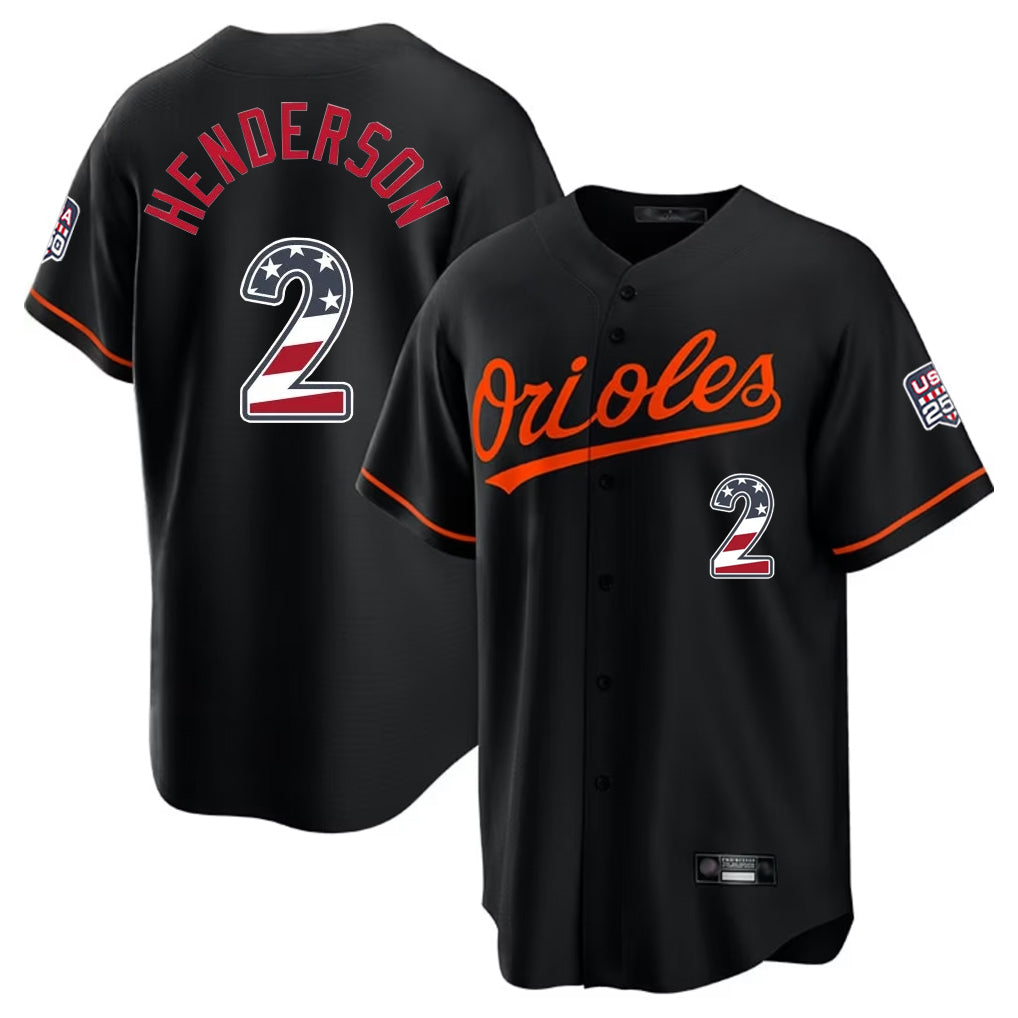 Baltimore Orioles #2 Gunnar Henderson Player Black AmberGomez USA 250 Fourth of July Home Game Stitched Jerseys