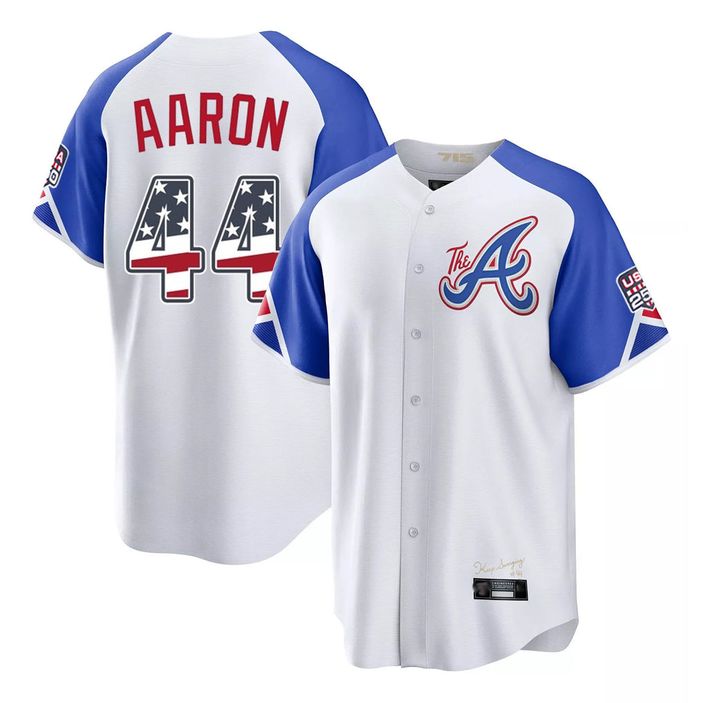Atlanta Braves #44 Hank Aaron Player White AmberGomez USA 250 Fourth Of July City Connect Home Game Stitched Jerseys