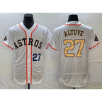 Houston Astros #27 Jose Altuve Number 2023 White AmberGomez Gold World Serise Champions Patch Flex Base Stitched Jersey 2