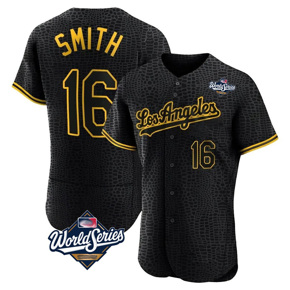 Los Angeles Dodgers #16 Will Smith Player Black AmberGomez World Series Snake Skin City Limited Elite Home Stitched Jerseys