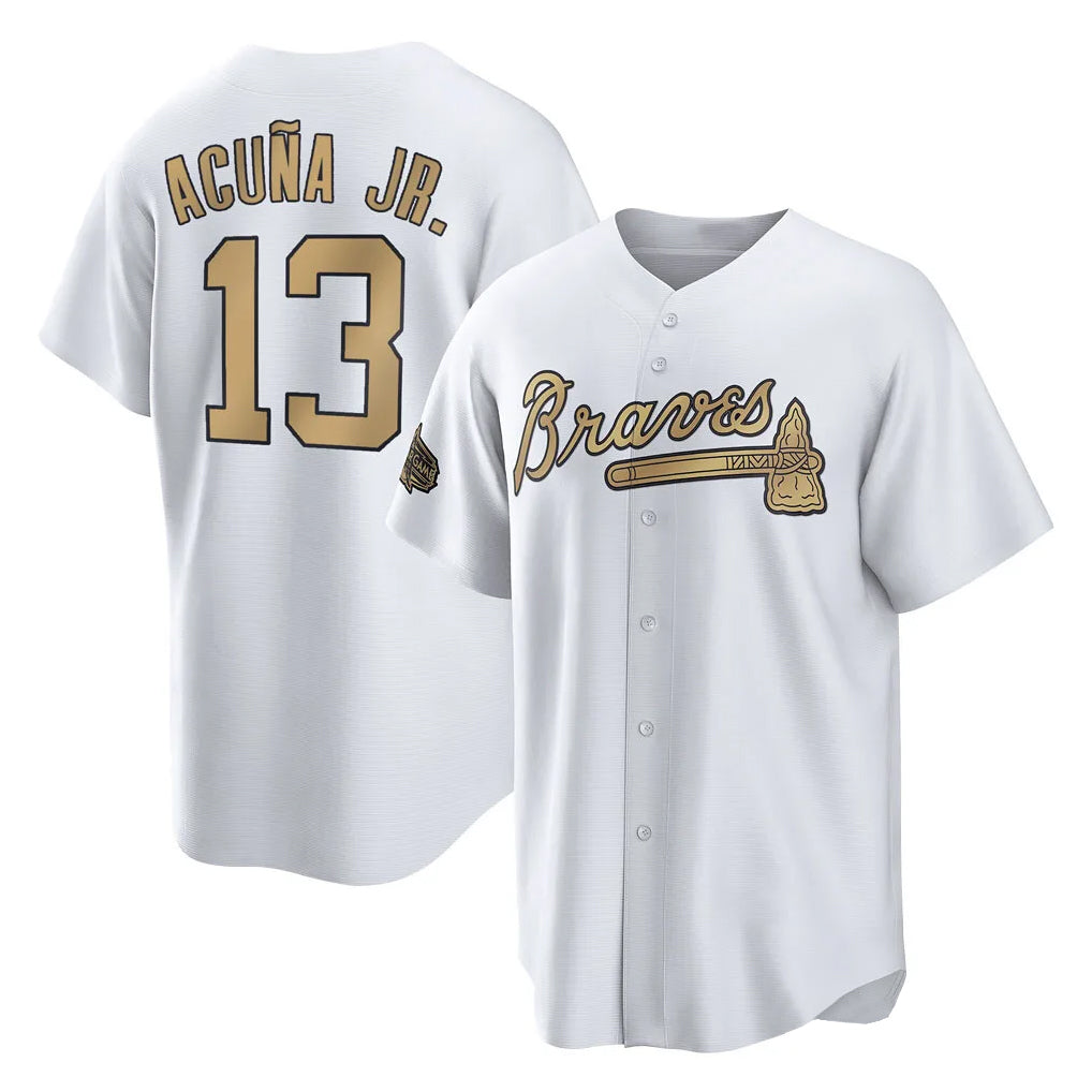 Atlanta Braves #13 Ronald Acuna Jr Player White-Gold AmberGomez All-Star Home Game Stitched Jerseys