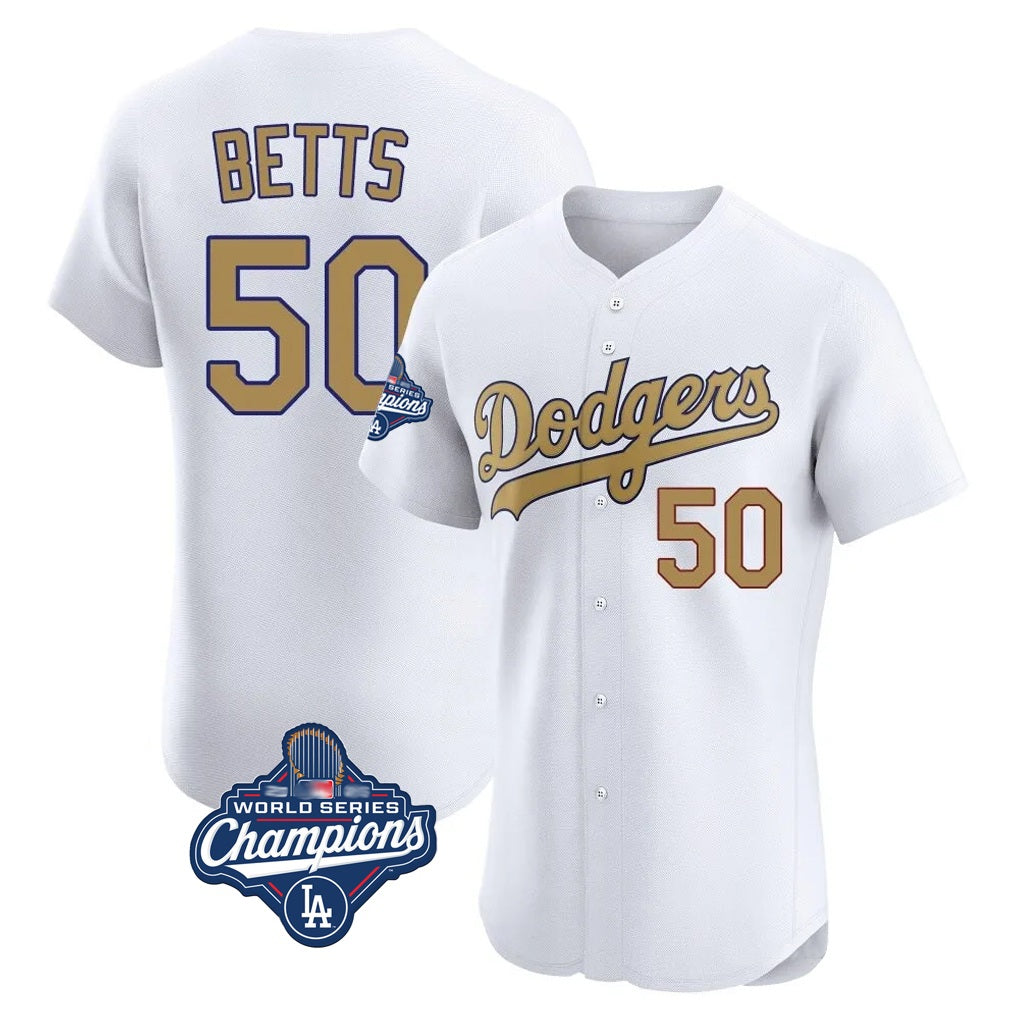 Los Angeles Dodgers #50 Mookie Betts Player White Gold AmberGomez World Series Meet Limited Elite Home Stitched Jerseys