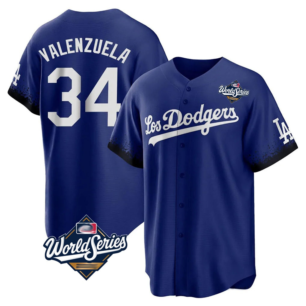 Los Angeles Dodgers #34 Fernando Valenzuela Player Royal AmberGomez World Series City Connect Home Game Stitched Jerseys