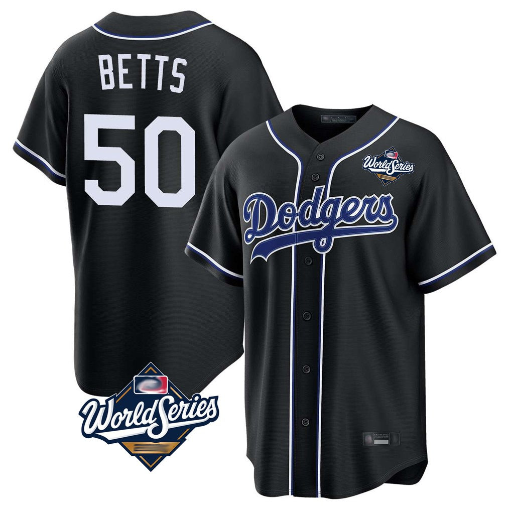 Los Angeles Dodgers #50 Mookie Betts Player Black AmberGomez World Series Carbon Limited Home Stitched Jerseys