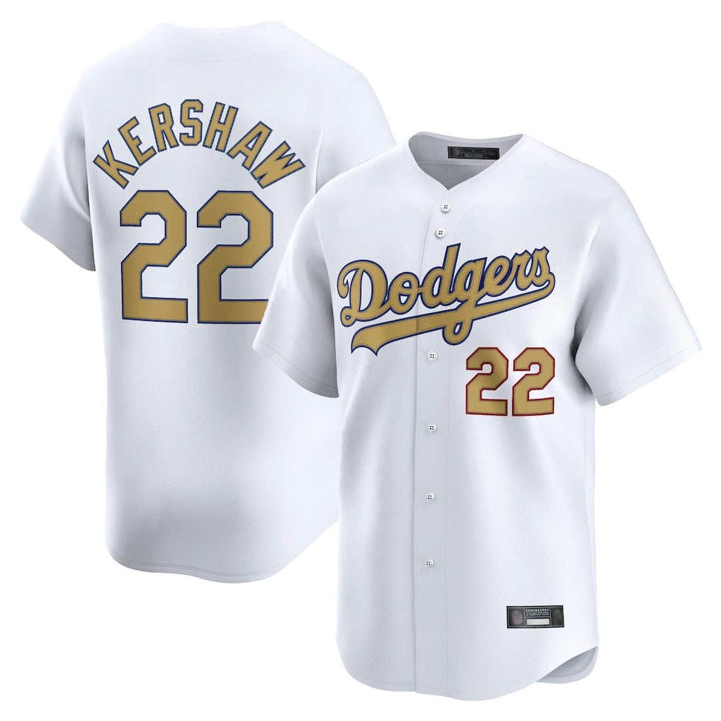 Los Angeles Dodgers #22 Clayton Kershaw Player White Gold AmberGomez Collection Limited Home Stitched Jerseys
