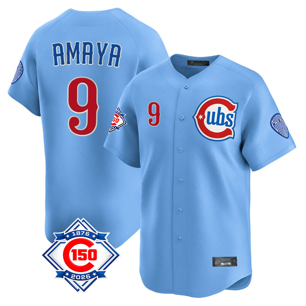 Chicago Cubs #9 Miguel Amaya Player Light Blue AmberGomez 150th Anniversary Limited Home Stitched Jerseys