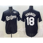 Los Angeles Dodgers #18 Yoshinobu Yamamoto Black AmberGomez 2025 World Series Patch Cool Base Stitched Jersey