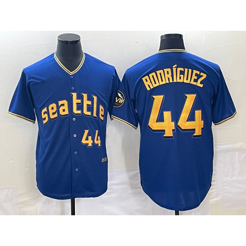 Seattle Mariners #44 Julio Rodriguez Number Blue AmberGomez 2023 City Connect Cool Base Stitched Jersey