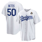 Los Angeles Dodgers #50 Mookie Betts White AmberGomez 2024 World Series Cool Base Stitched Jersey