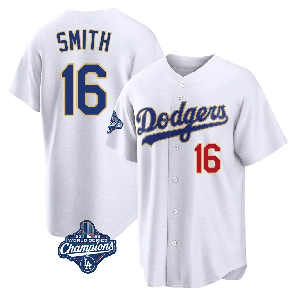 Los Angeles Dodgers #16 Will Smith Player Gold White AmberGomez World Series Meet 2026 Collection Stadium Limited Stitched Jerseys