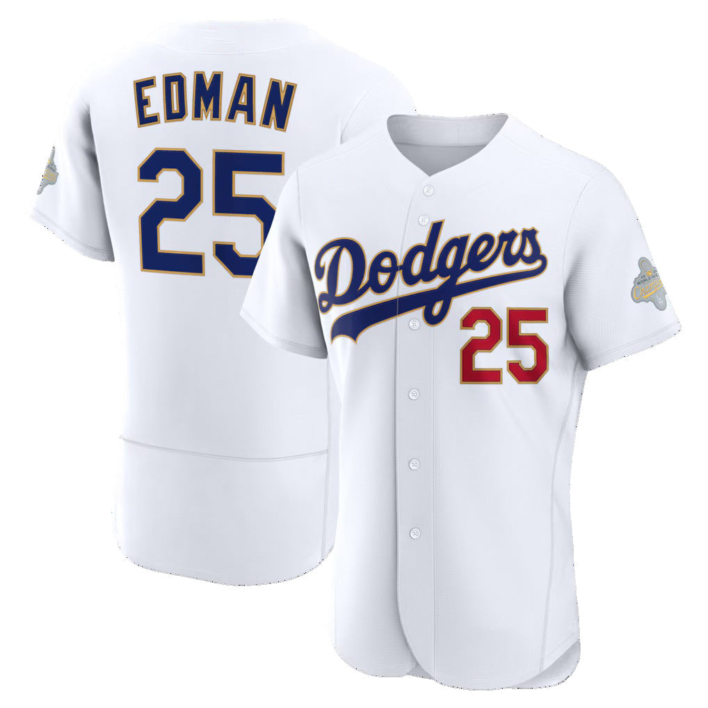 Los Angeles Dodgers #25 Tommy Edman White AmberGomez 2026 Gold Collection Authentic Jersey