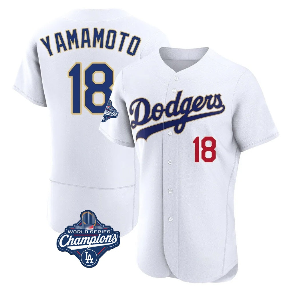 Los Angeles Dodgers #18 Yoshinobu Yamamoto Player Gold White AmberGomez World Series Meet 2026 Collection Stadium Limited Elite Stitched Jerseys