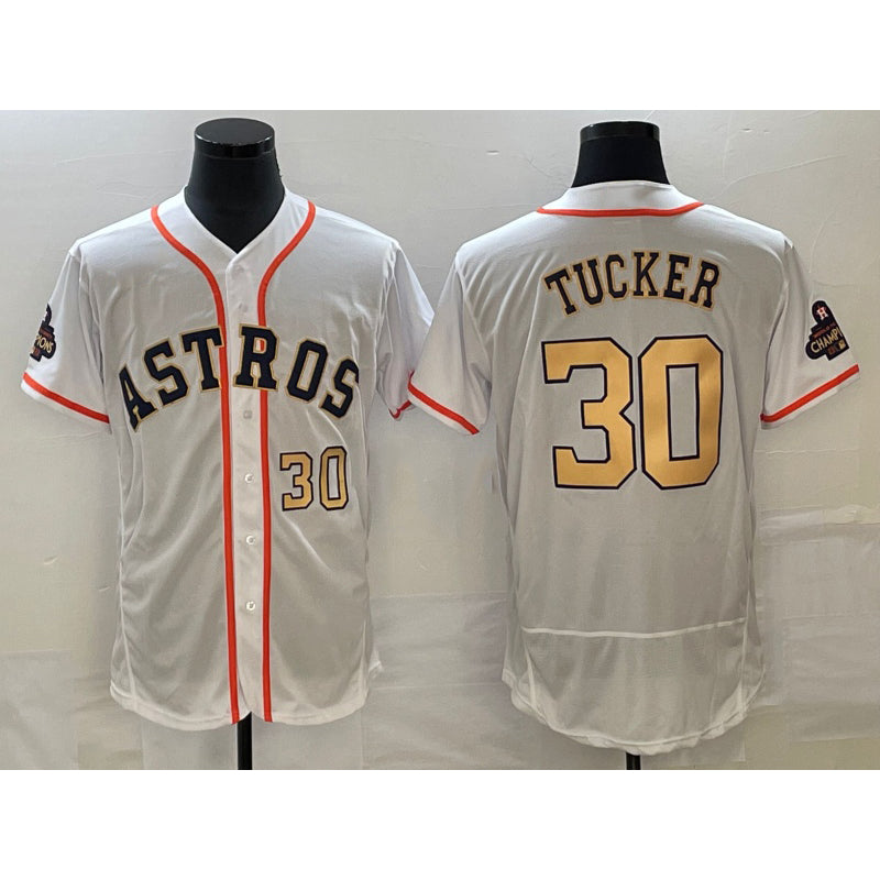 Houston Astros #30 Kyle Tucker Number 2023 White Gold AmberGomez World Serise Champions Patch Flex Base Stitched Jersey 2