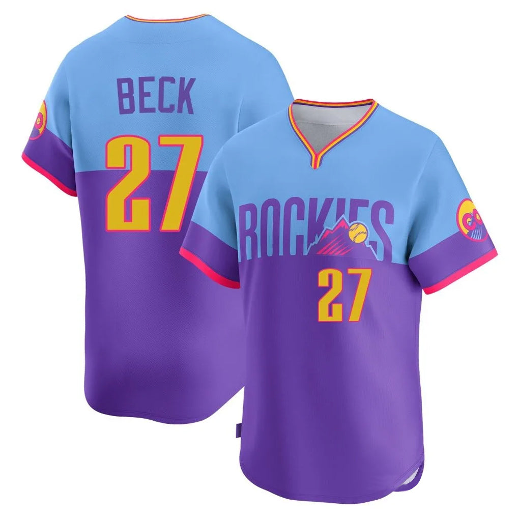 Colorado Rockies #27 Jordan Beck Player Purple-Light Blue AmberGomez City Connect Limited Home T-shirt Stitched Jerseys
