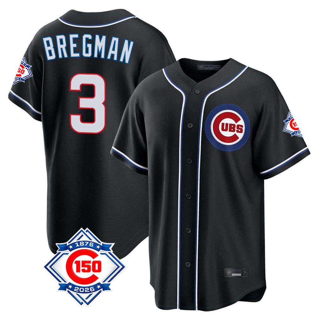 Chicago Cubs #3 Alex Bregman Player Black AmberGomez Fashion Out 150th Anniversary Game Stitched Jerseys
