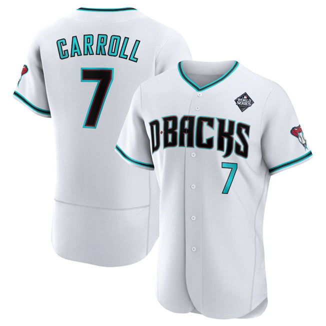 Arizona Diamondbacks #7 Corbin Carroll White AmberGomez 2023 World Series Flex Base Stitched Jersey