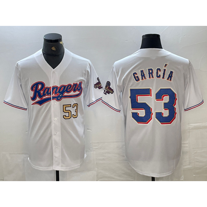 Texas Rangers #53 Adolis Garcia Number White AmberGomez 2023 World Series Champions Cool Base Jerseys