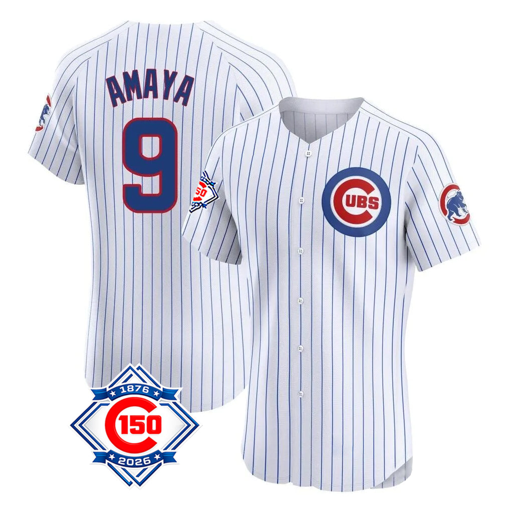 Chicago Cubs #9 Miguel Amaya Player White AmberGomez 150th Anniversary Limited Elite Home Game Stitched Jerseys