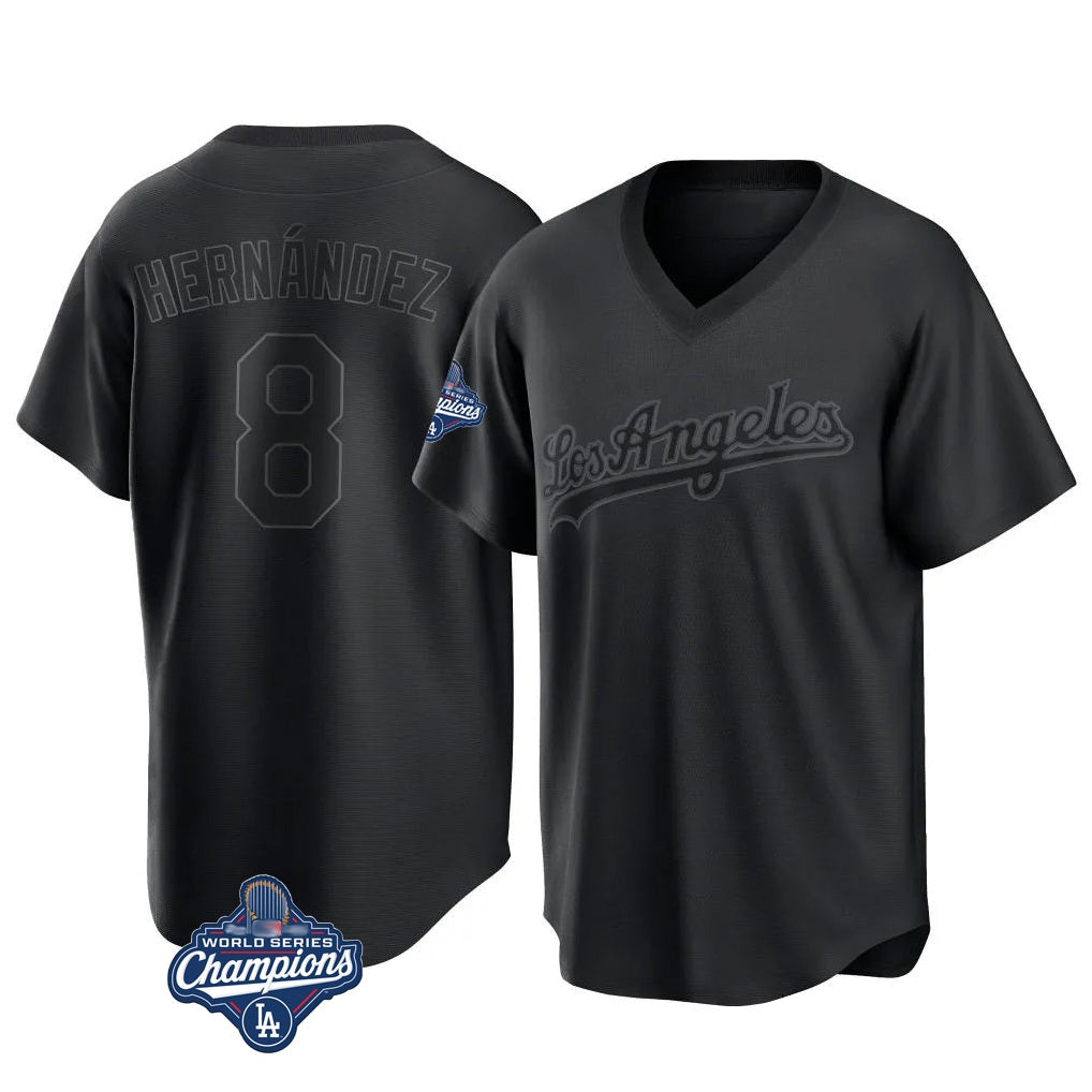 Los Angeles Dodgers #8 Enrique Hern¨¢ndez Player Black AmberGomez World Series Meet Pitch Fashion T-shirt Stitched Jerseys