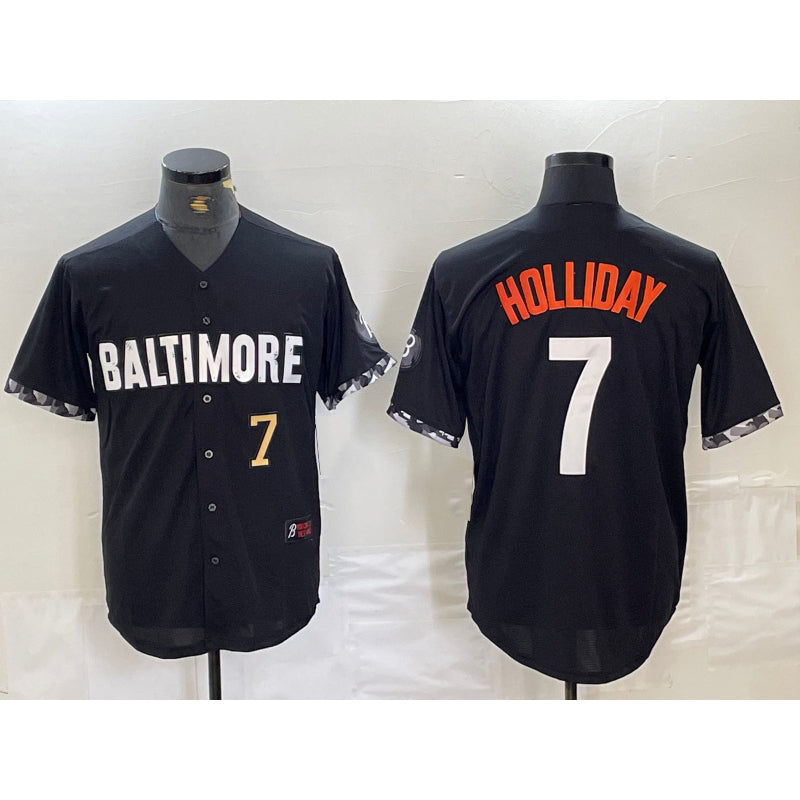 Baltimore Orioles #7 Jackson Holliday Number Black AmberGomez 2023 City Connect Cool Base Stitched Jersey