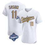 Los Angeles Dodgers #11 Roki Sasaki Player White Gold AmberGomez World Series Meet Limited Elite Home Stitched Jerseys