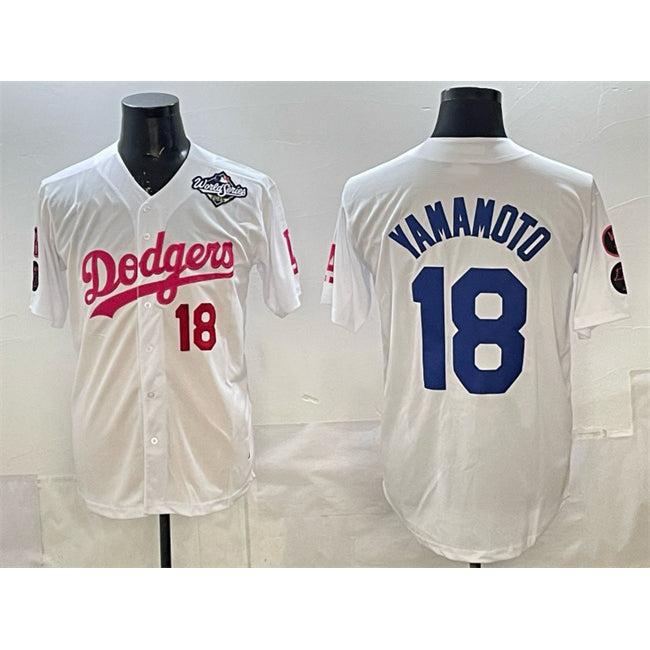 Los Angeles Dodgers #18 Yoshinobu Yamamoto White AmberGomez Pink 2025 World Series Vin & Kobe Patch Limited Stitched Jersey