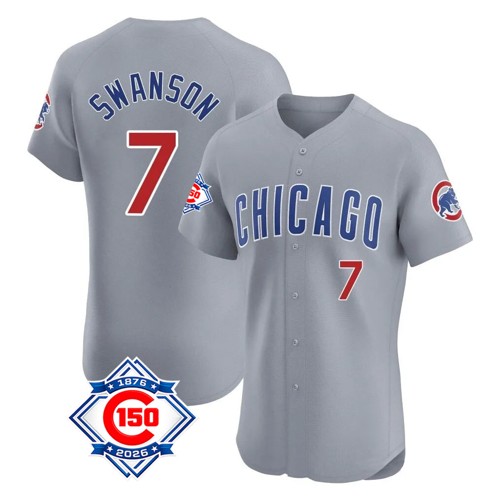Chicago Cubs #7 Dansby Swanson Player Gray AmberGomez Road 150th Anniversary Limited Elite Home Stitched Jerseys