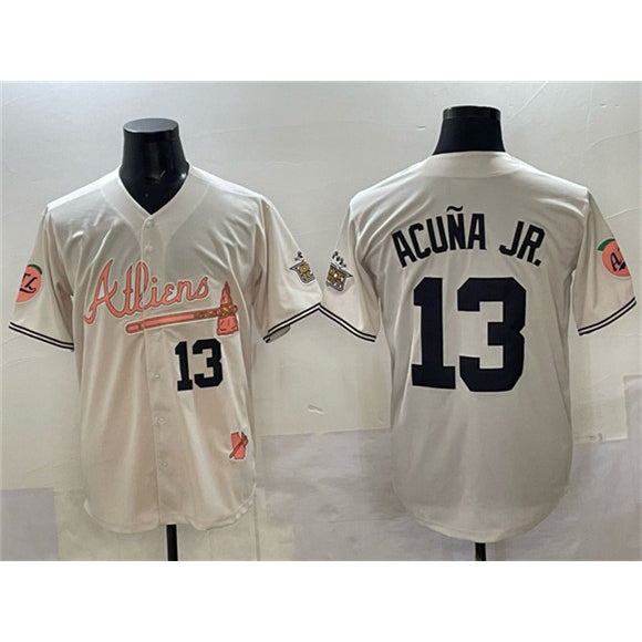 Atlanta Braves #13 Ronald Acu?a Jr. Cream AmberGomez 2024 Atliens & Peach With Outkast Patch Vapor Limited Stitched Jersey