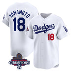 Los Angeles Dodgers #18 Yoshinobu Yamamoto White AmberGomez 2024 World Series Champions Home Limited Stitched Jersey