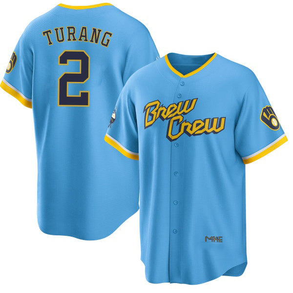 Milwaukee Brewers #2 Brice Turang Blue AmberGomez 2022 City Connect Cool Base Stitched Jersey