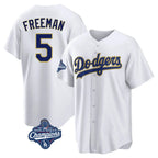 Los Angeles Dodgers #5 Freddie Freeman Player Gold World Series Meet White AmberGomez 2026 Collection Stadium Game Stitched Jerseys
