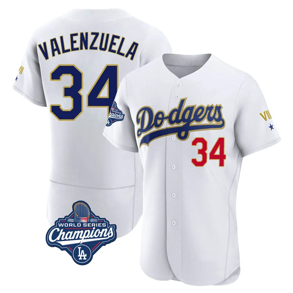 Los Angeles Dodgers #34 Fernando Valenzuela Player Gold White AmberGomez World Series Meet 2026 Collection Stadium Limited Elite Stitched Jerseys