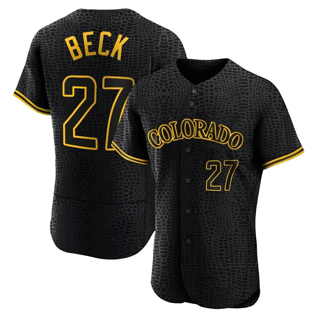 Colorado Rockies #27 Jordan Beck Player Black AmberGomez Snake Skin City Limited Elite Home Stitched Jerseys