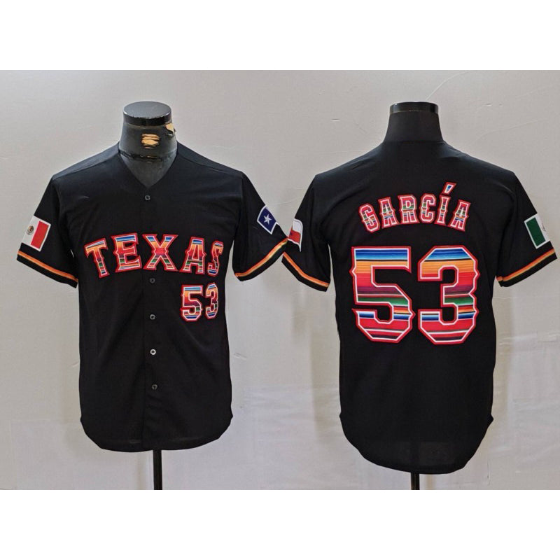 Texas Rangers #53 Adolis Garcia Black AmberGomez Rainbow Mexico Cool Base Stitched Jersey