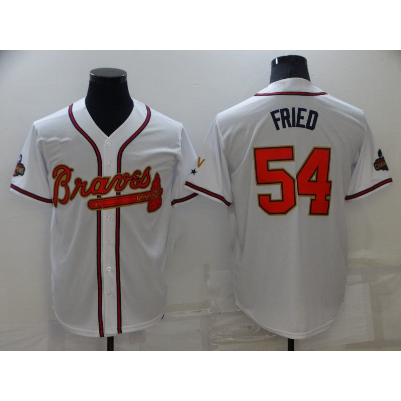 Atlanta Braves #54 Max Fried 2022 White Gold AmberGomez World Series Champions Program Cool Base Stitched Jersey