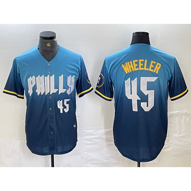 Philadelphia Phillies #45 Zack Wheeler Blue AmberGomez 2024 City Player Number Cool Base Stitched Jersey 2