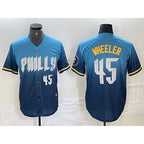 Philadelphia Phillies #45 Zack Wheeler Blue AmberGomez 2024 City Player Number Cool Base Stitched Jersey 2