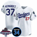 Los Angeles Dodgers #37 Teoscar Hernandez White AmberGomez 2024 World Series Champions With Fernando Memorial Patch Vapor Premier Home Limited Stitched Jersey