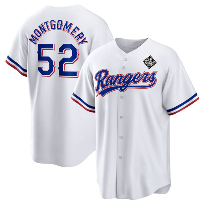 Texas Rangers #52 Jordan Montgomery White AmberGomez 2023 World Series Stitched Jersey