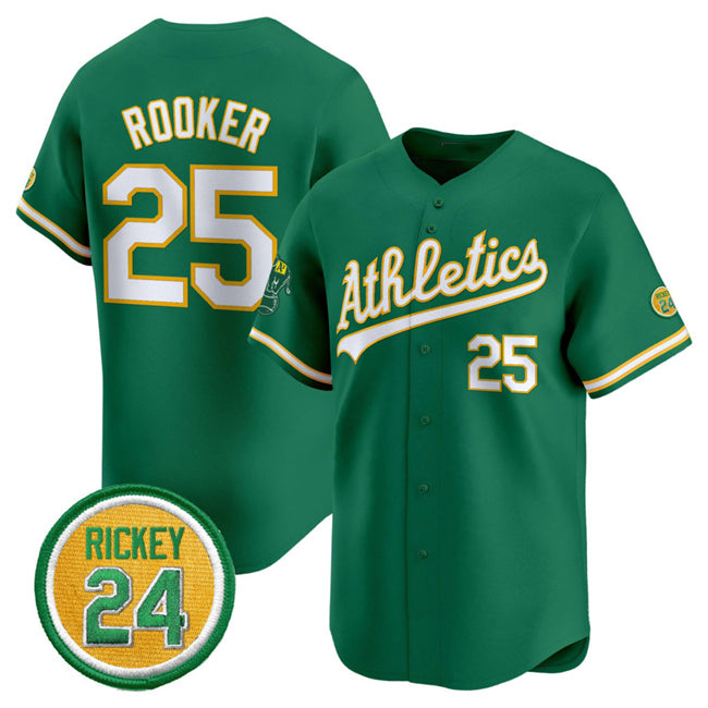Oakland Athletics #25 Brent Rooker Green AmberGomez 2024 Limited With Rickey Henderson Patch Stitched Jersey