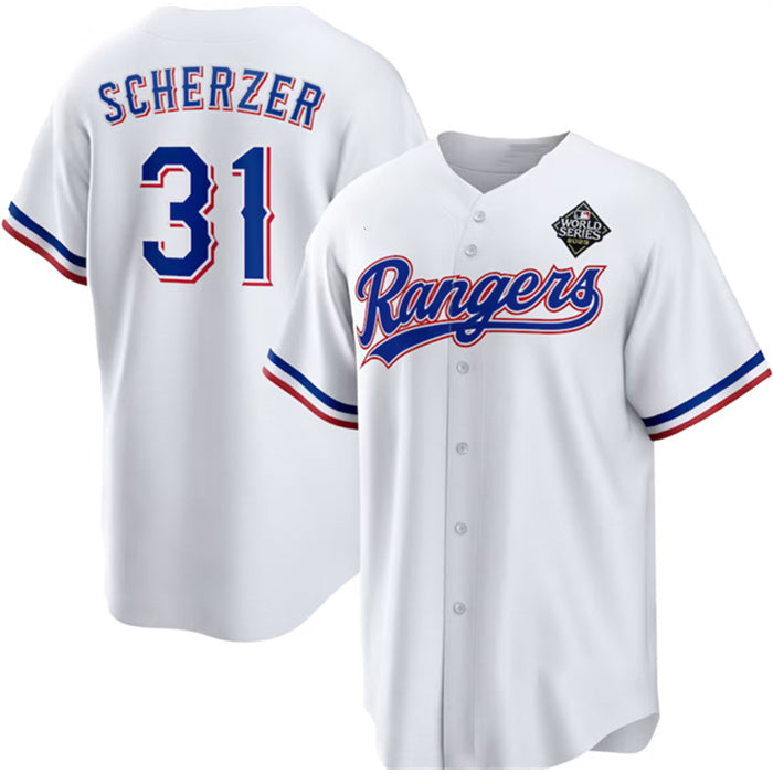 Texas Rangers #31 Max Scherzer 2023 White AmberGomez World Series Stitched Jersey