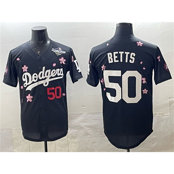 Los Angeles Dodgers #50 Mookie Betts Black AmberGomez 2025 World Series Patch Tokyo Series Limited Stitched Jersey