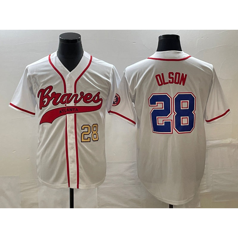 Atlanta Braves #28 Matt Olson Number White AmberGomez Cool Base With Patch Stitched Jersey