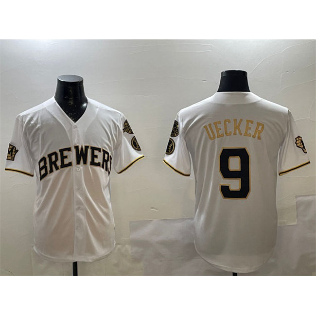 Milwaukee Brewers #9 Bob Uecker White Gold AmberGomez With Home Patch Limited Stitched Jersey