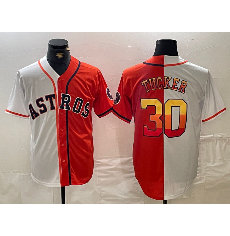 Houston Astros #30 Kyle Tucker White Orange AmberGomez Split Stitched Jersey 2