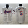 Texas Rangers #5 Corey Seager White AmberGomez 2023 World Series Champions Cool Base Jersey